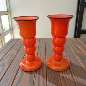 Vintage Mid Century Set Of 2 Orange blown opaline glass vases